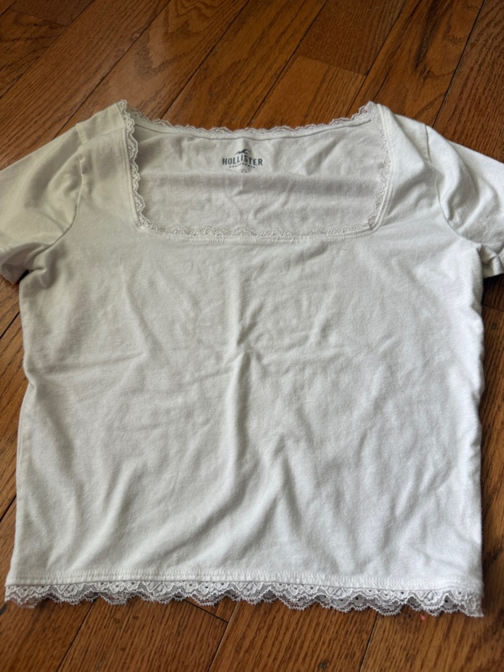 Hollister White Lace-Trim Square Neck Short Sleeve Top